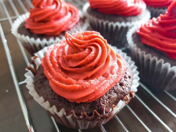 Chocolate Chocolate Chip Cupcakes with Red Velvet Buttercream frosting