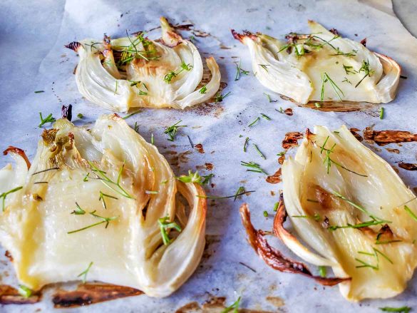 slow roasted fennel baked in oven with garish