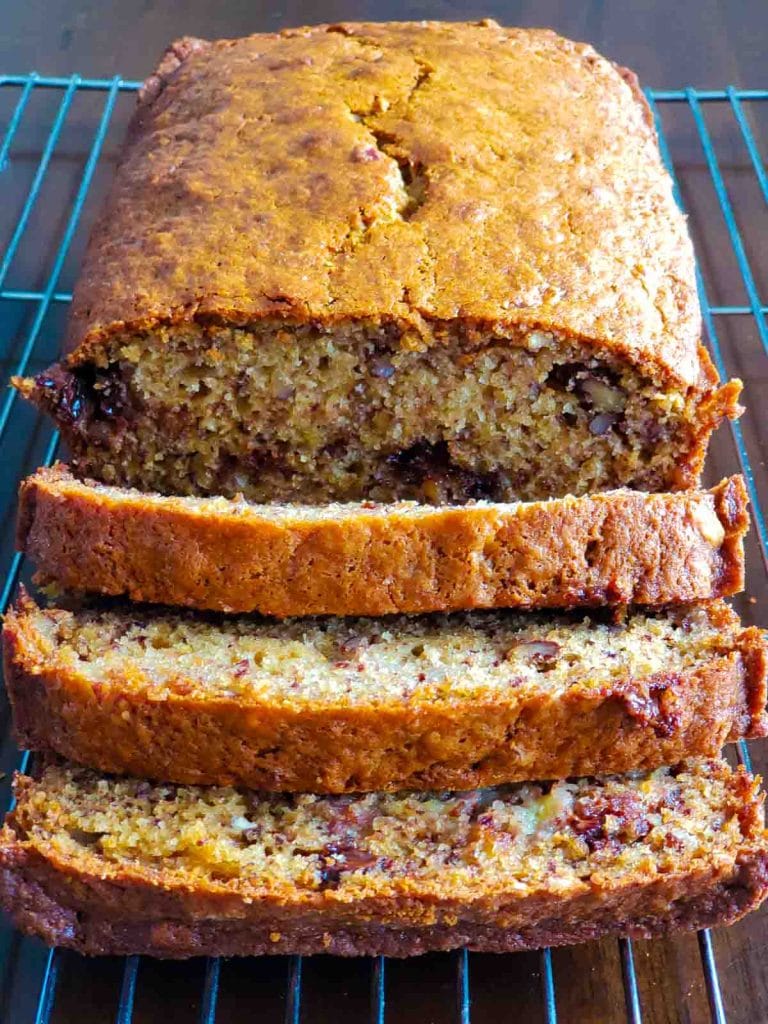 sliced Chocolate Chip Pecan Banana Bread