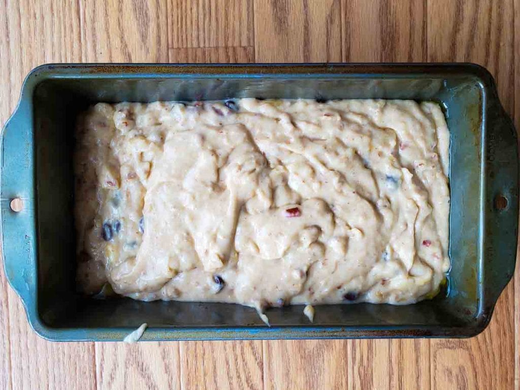 batter ready to go into oven Chocolate Chip Pecan Banana Bread