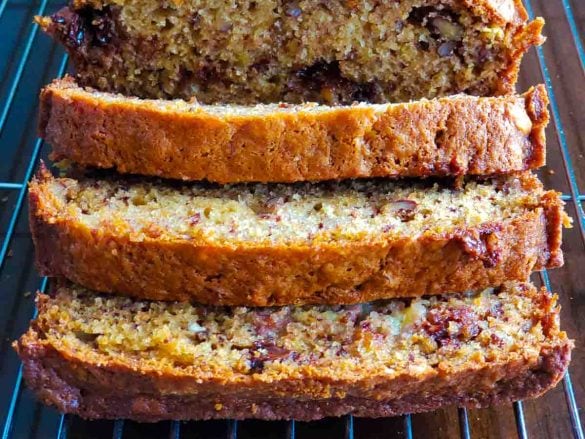 close up slices of Chocolate Chip Pecan Banana Bread