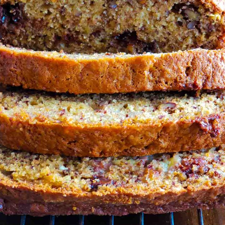 close up slices of Chocolate Chip Pecan Banana Bread