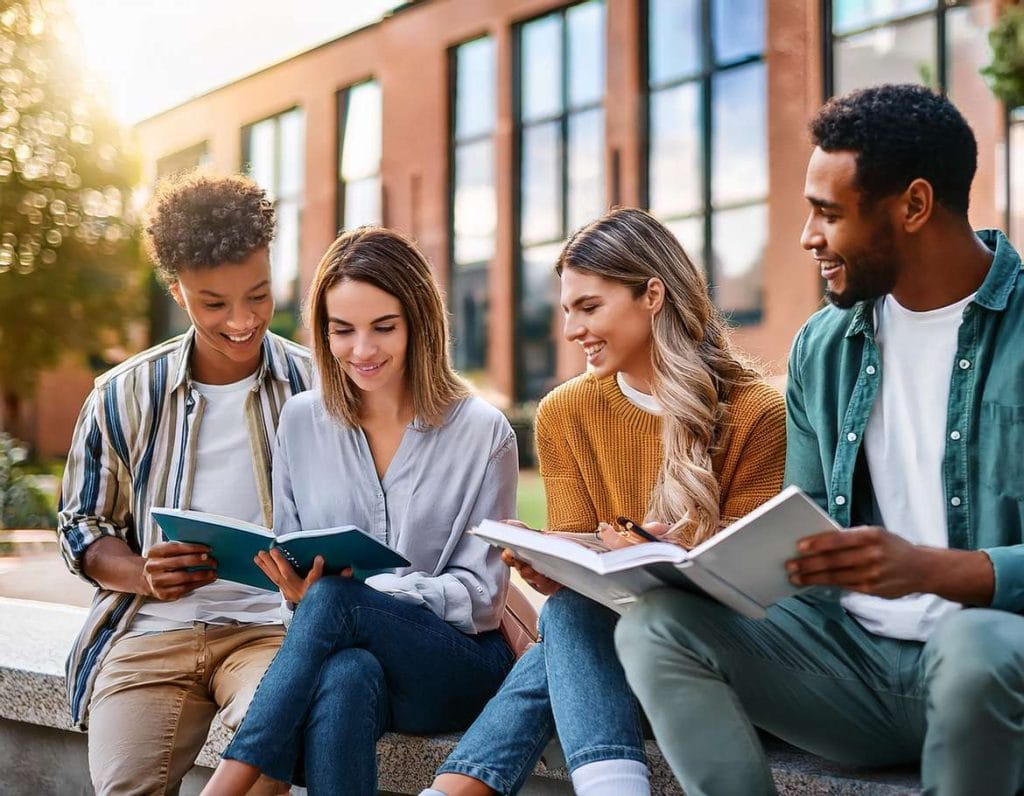 diverse group of college students studying outside on a college campus