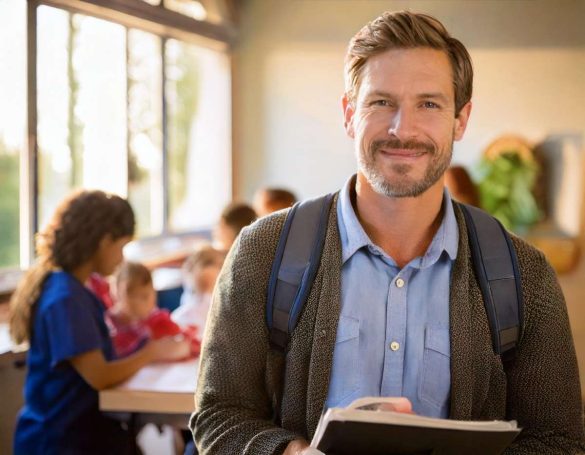 Happy dad with beard and textbook attending nursing school with kids in background FFy