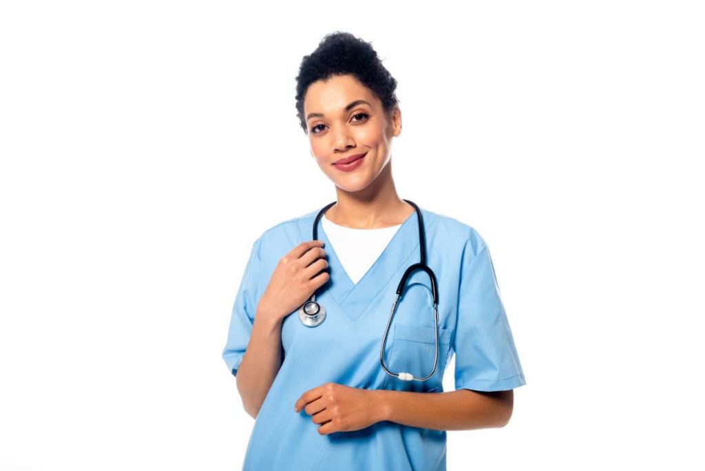 nurse in blue scrubs and stethoscope